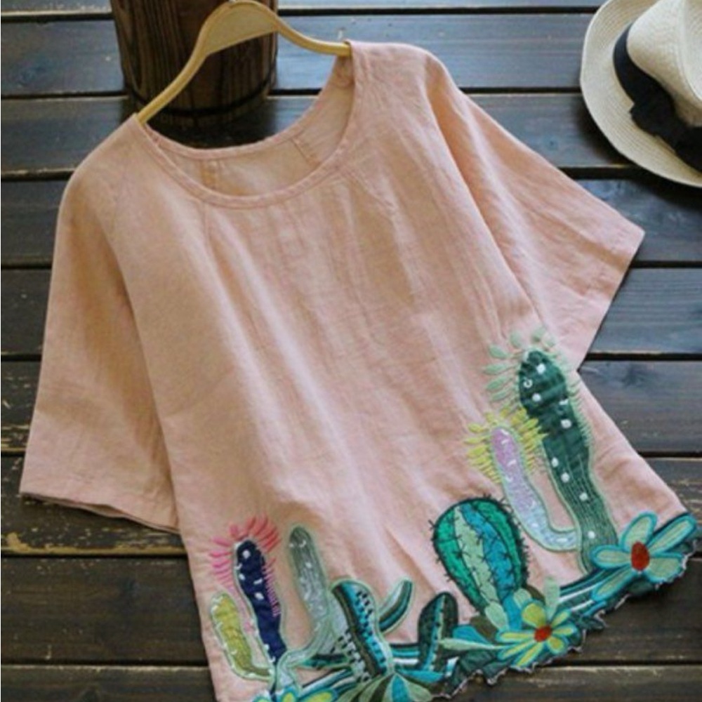 Zaful Pink Cactus Embroidered Blouse